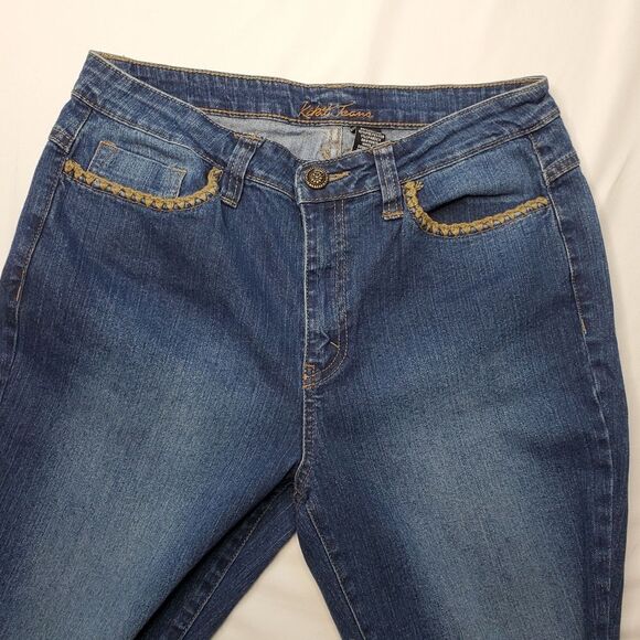 8 CROCHETED TRIM POCKETS BOHO KIKT WIDE LEG FLARE BLUE TAN BOHEMIAN JEANS - Picture 13 of 15